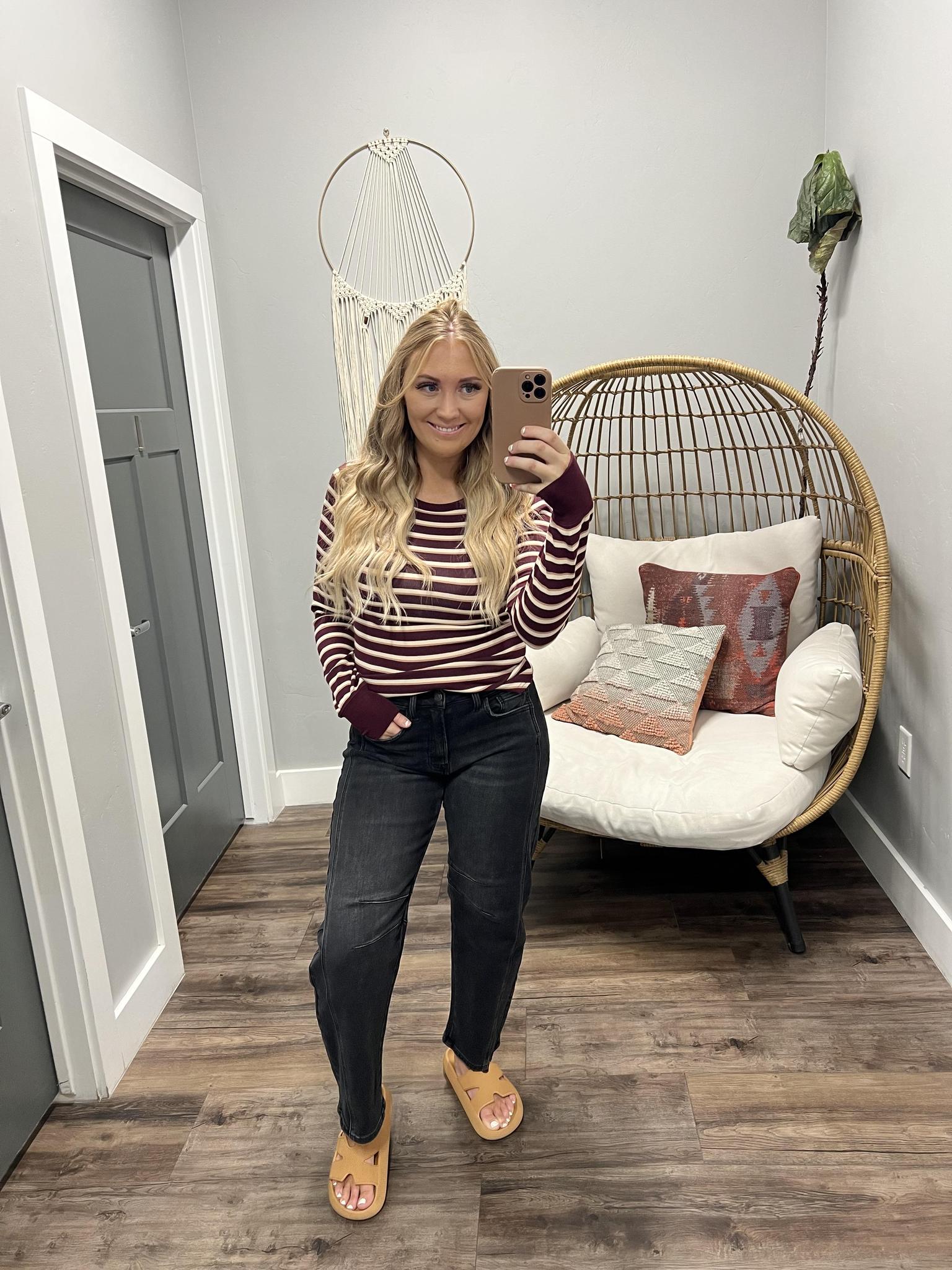 ELLIE BURGUNDY LONG SLEEVE STRIPE TOP
