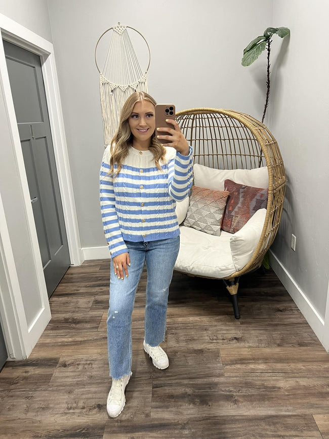 STEPHANIE IVORY BLUE STRIPE CARDIGAN TOP