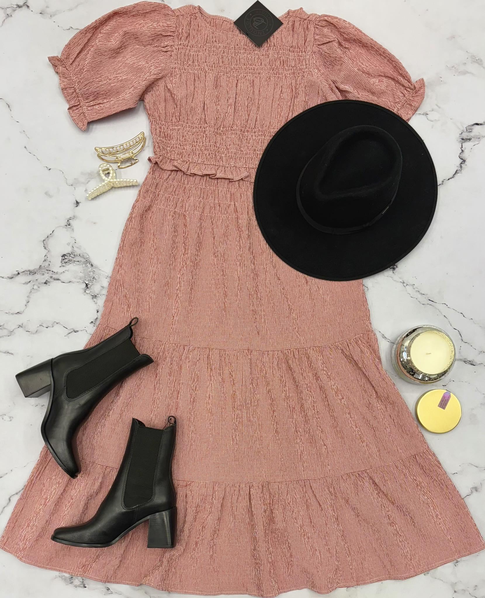 TORRI RED AND WHITE SMOCKED CHECKERED MIDI DRESS