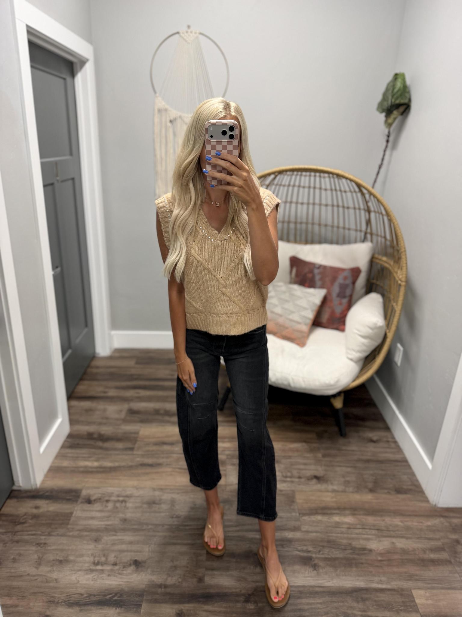 ANGELA CAMEL STUDDED SWEATER VEST TOP
