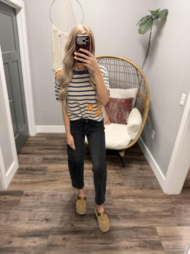 CARLY BLUE ORANGE KNIT FLORAL SWEATER TOP
