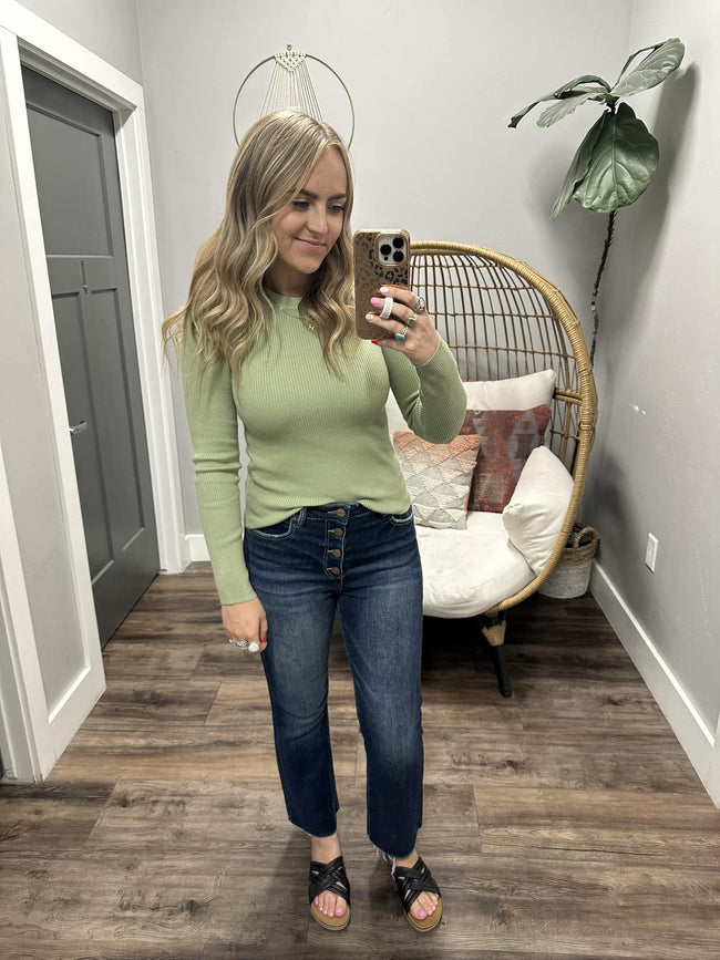 MAIZY SAGE RIBBED LONG SLEEVE SWEATER TOP