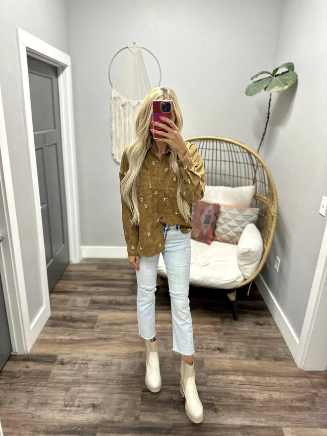 CASSIE CAMEL BOW DETAIL CORDED BUTTON UP TOP