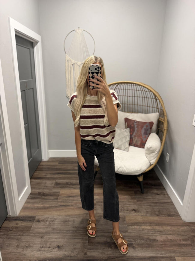 HADLEY TAUPE AND BURGUNDY STRIPE SHORT SLEEVE SWEATER TOP