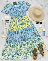 KELLIE BLUE AND GREEN FLORAL MIDI DRESS