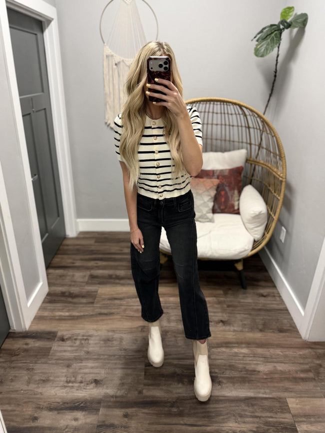 SHAYLA IVORY AND BLACK STRIPE BUTTON CARDIGAN BLOUSE TOP