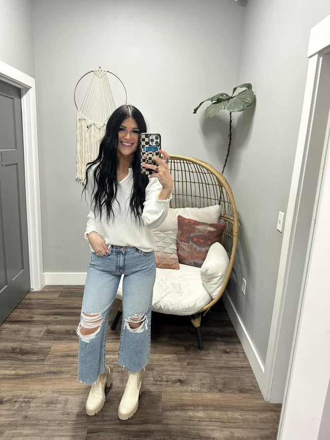 SOPHIE WHITE LONG SLEEVE RUFFLE BLOUSE