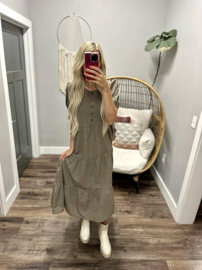 SARAH OLIVE PLAID GINGHAM BUTTON MIDI DRESS
