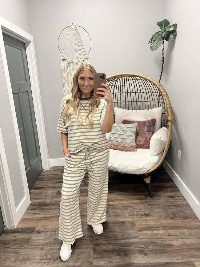 KATIE OATMEAL TRIPLE STRIPE SHORT SLEEVE 2 PIECE SET