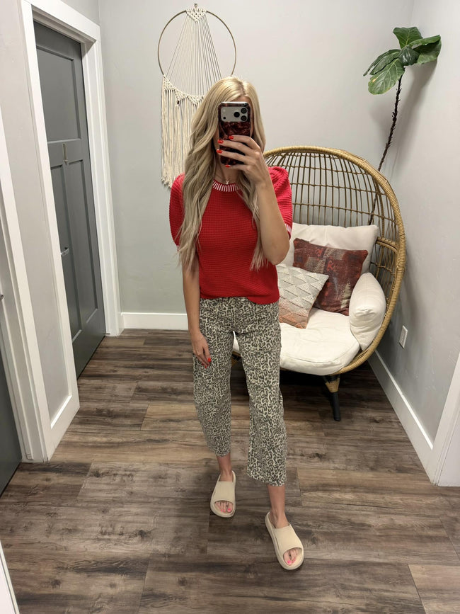 HAVEN RED STITCH DETAIL KNIT SHORT SLEEVE TOP