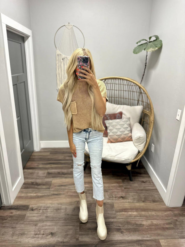 ALISE CAMEL WASHED POCKET KNIT SWEATER TOP