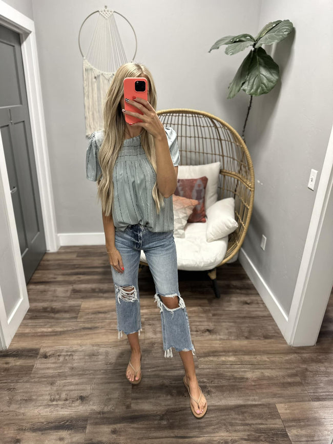 MINT SUE DOTTED DETAIL FLUTTER SLEEVE BLOUSE