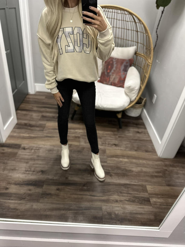 STONE COZY PLAID CREW SWEATER