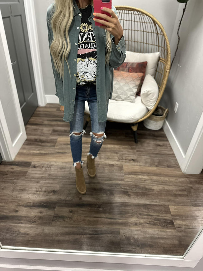 OLIVE MINERAL WASH BUTTON DOWN LONG SLEEVE TOP