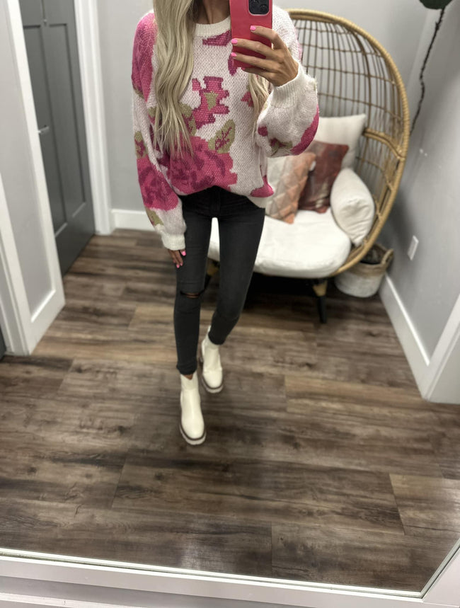 BLOOM WITH A VIEW PINK FLORAL SWEATER