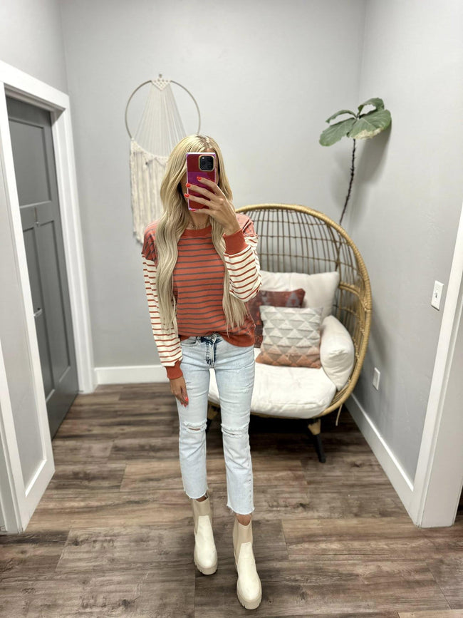 CALLI RUST AND CREAM STRIPE SWEATSHIRT TOP