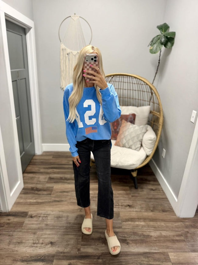 USA BLUE RIBBED CREW SWEATSHIRT TOP
