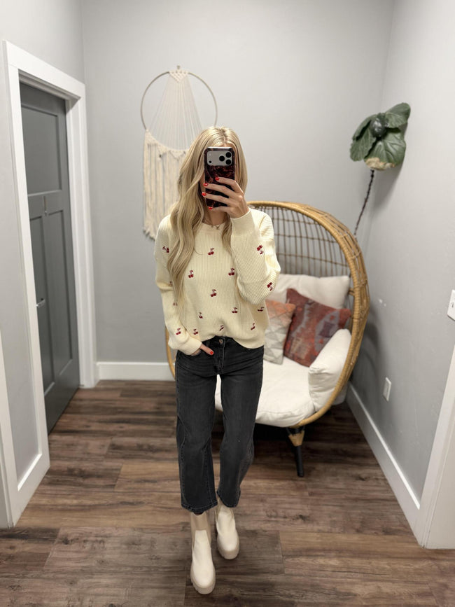 WHITE CHERRY ON TOP KNIT SWEATER