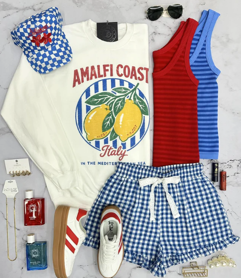 CAMDEN BLUE RUFFLE PLAID TIE FRONT SHORTS