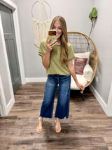 REGINA GREEN AND CREAM STRIPE SCALLOP TOP