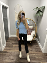 BLUE DAISY EYELET SHORT SLEEVE BLOUSE