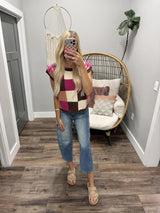 CARISSA BROWN FUCHSIA CHECKERED SWEATER TOP