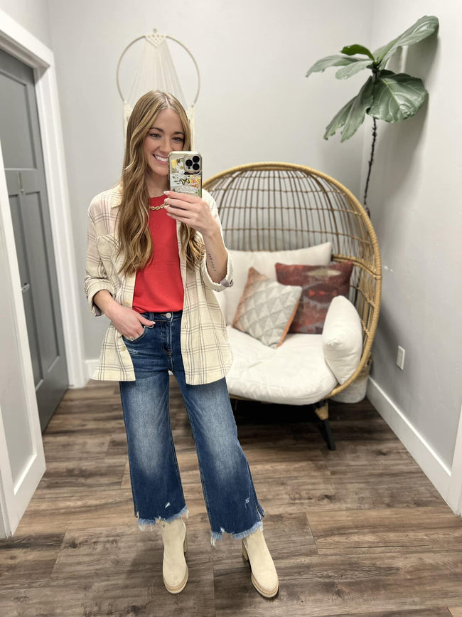 NOVA CREAM AND TAUPE STRIPE BUTTON UP PLAID TOP