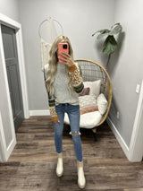 CINDY HEATHER GREY MOCK NECK LEOPARD SLEEVE DETAIL SWEATER