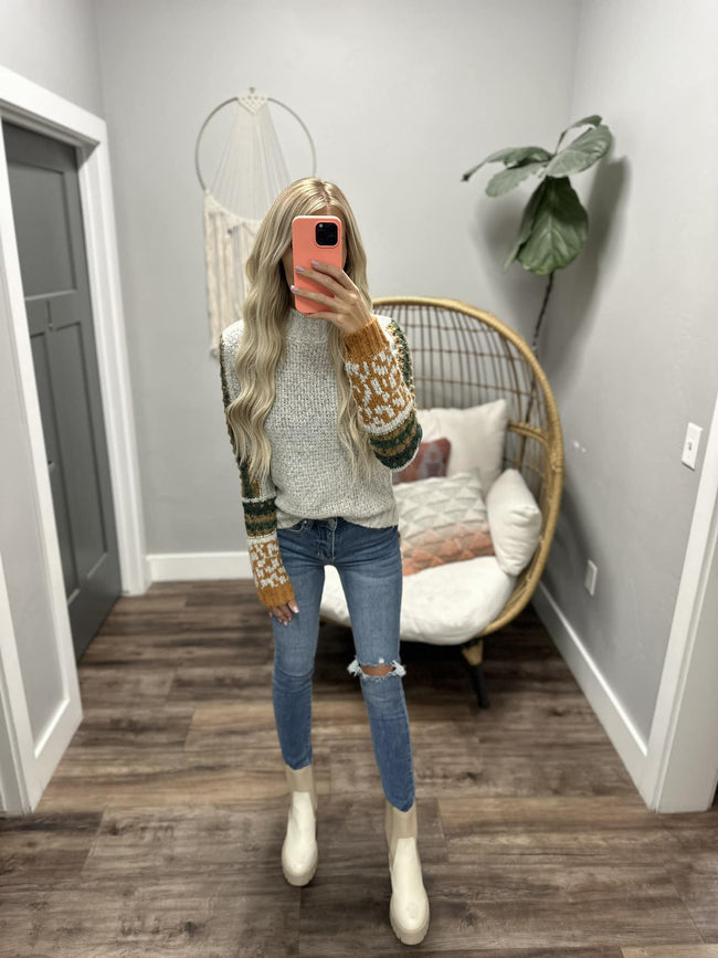 CINDY HEATHER GREY MOCK NECK LEOPARD SLEEVE DETAIL SWEATER
