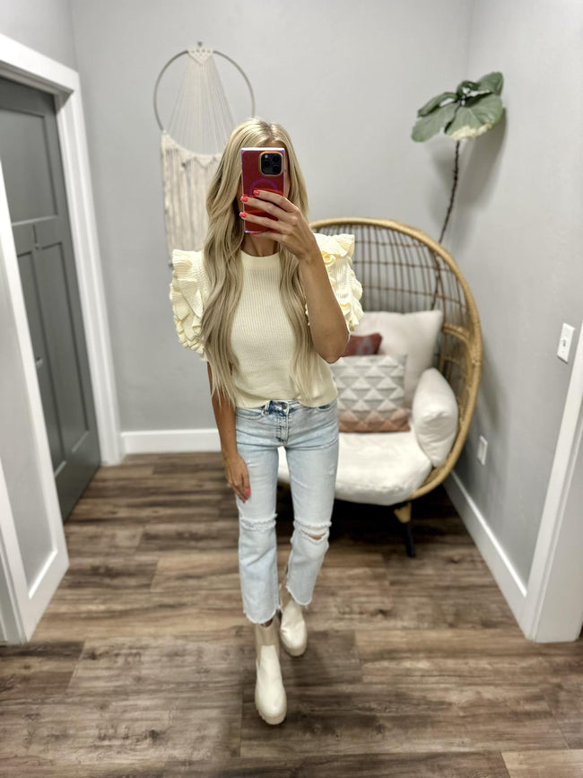 GLENDA IVORY RUFFLE SHORT SLEEVE SWEATER TOP