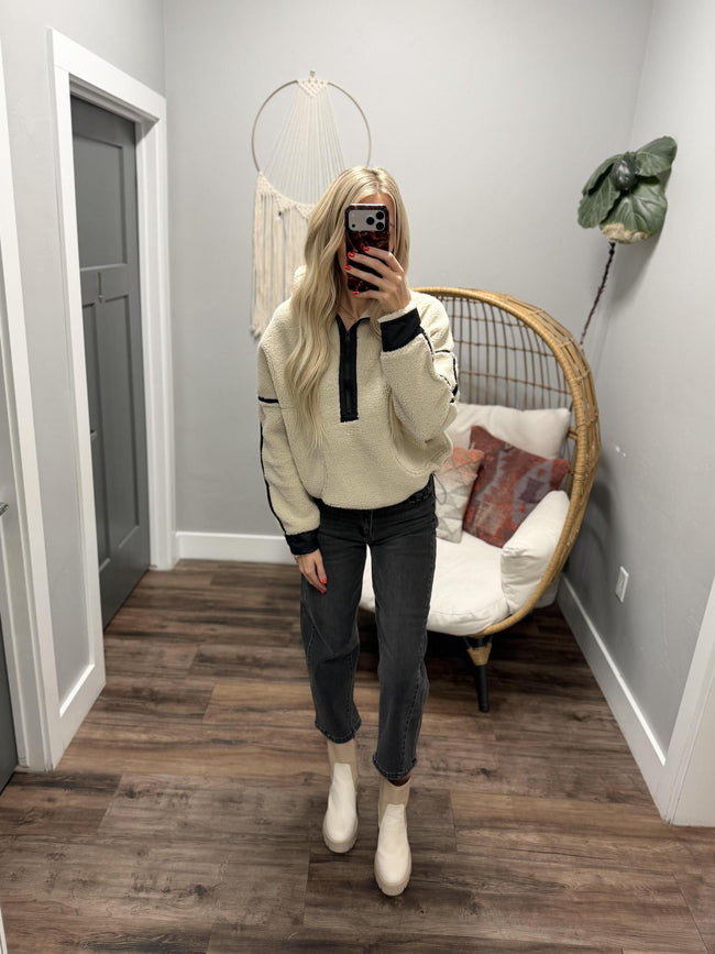 COURTNEY OATMEAL AND BLACK 1/2 ZIP FP DUPE SWEATER TOP