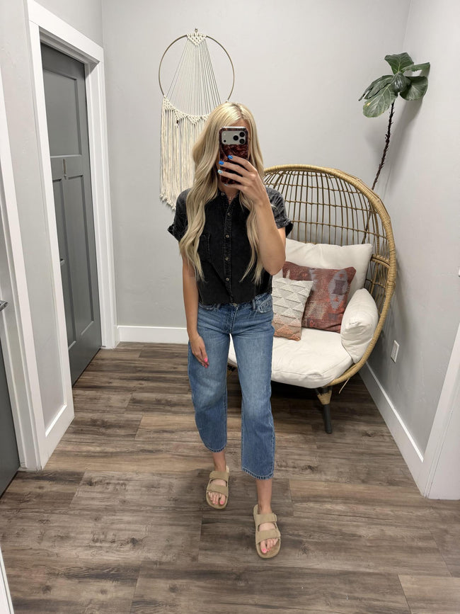 NATALEE BLACK ACID WASH BUTTON UP BLOUSE TOP