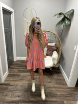 HADDIE ORANGE AND LAVENDER ABSTRACT KNEE LEGNTH DRESS
