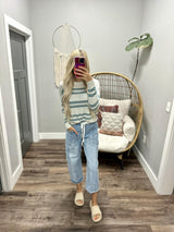 CHRISTINA HEATHER GREY AND TEAL STRIPE KNIT SWEATER TOP