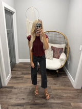 KARLA WINE RAW EDGE BUTTON UP SHORT SLEEVE CARDIGAN TOP