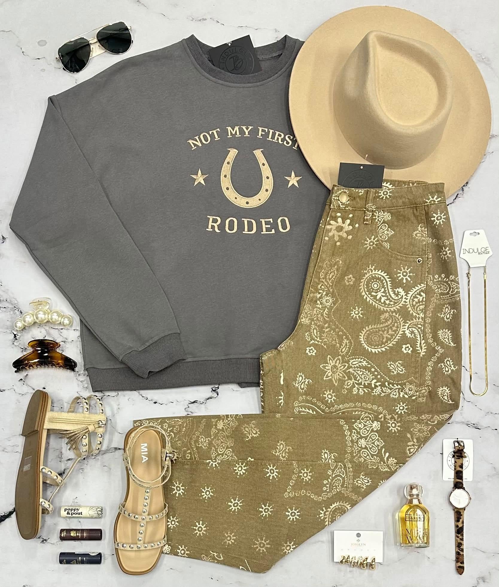 NOT MY FIRST RODEO EMBROIDERED CREW SWEATSHIRT