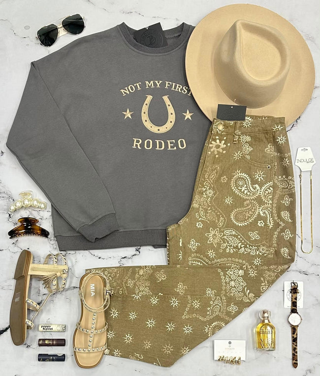 NOT MY FIRST RODEO EMBROIDERED CREW SWEATSHIRT