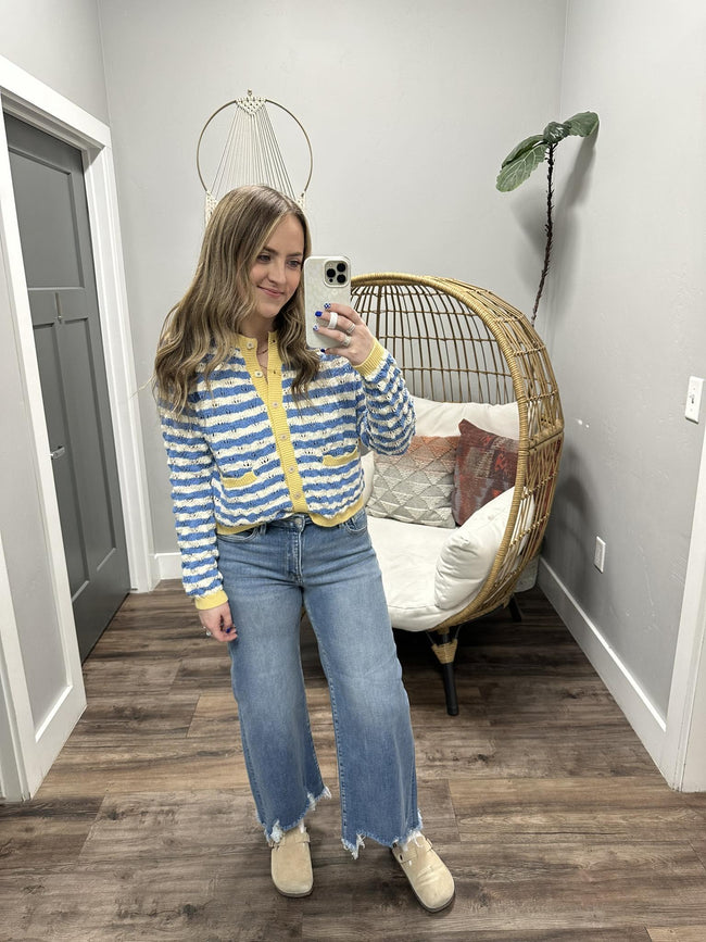 MARLIE BLUE WHITE AND YELLOW STRIPE CARDIGAN TOP