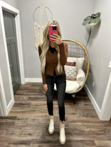 ANDREA CHESTNUT BUTTON UP RIBBED CARDIGAN TOP
