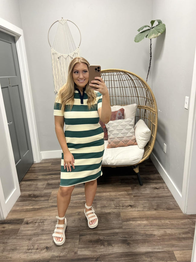 KORI NAVY MULTI STRIPE POLO MIDI DRESS