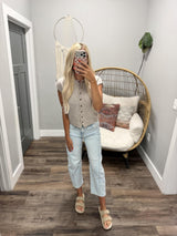 KARLA HEATHERED TAUPE RAW EDGE BUTTON UP SHORT SLEEVE CARDIGAN TOP