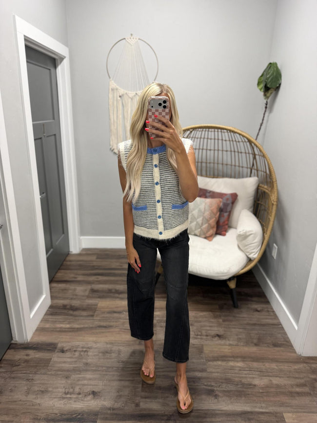 KENZIE BLUE AND HEATHER GREY STRIPE SWEATER VEST TOP