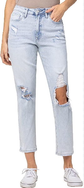 STAND OUT HIGH RISE DISTRESSED LIGHT WASH STRAIGHT JEANS