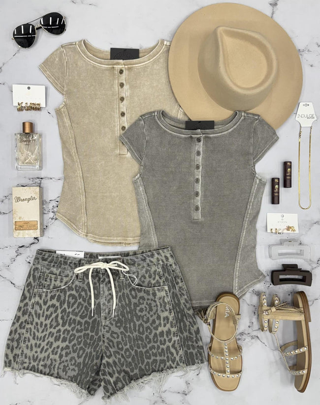 GREY LEOPARD TIE FRONT DENIM SHORTS