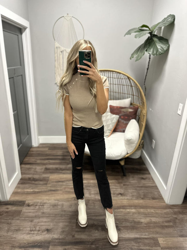 COLETTE MOCHA MOCK NECK BUTTON TOP