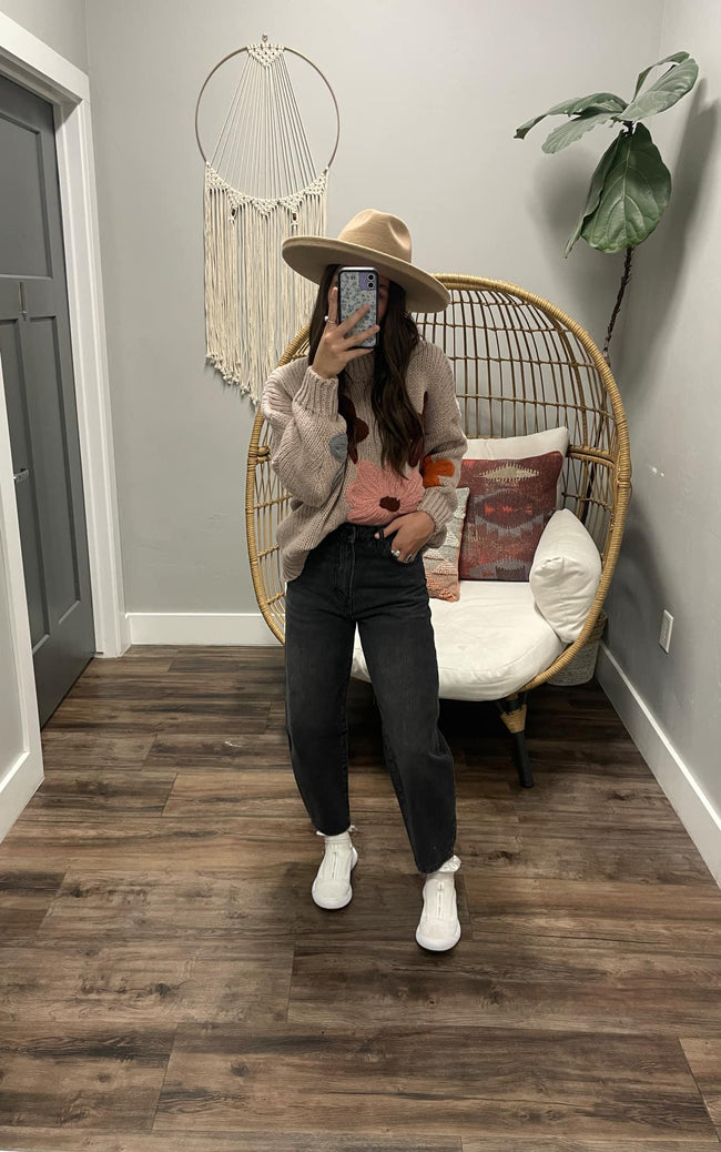 BEVERLY NATURAL RIB KNIT FLORAL SWEATER TOP