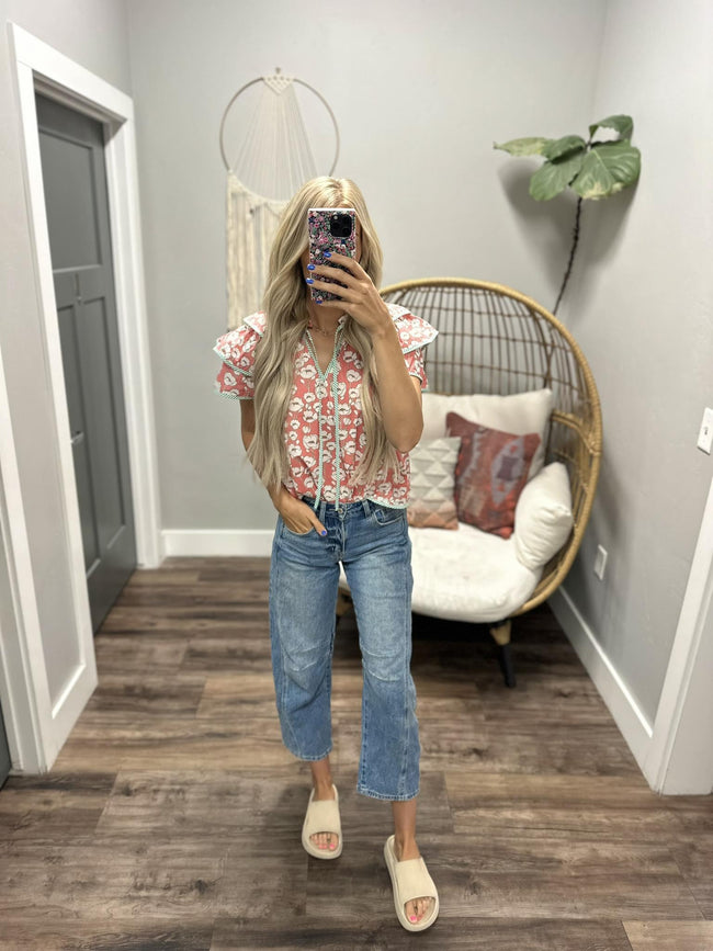 JESSICA POPPY FLORAL KELLY GREEN STRIPE BLOUSE