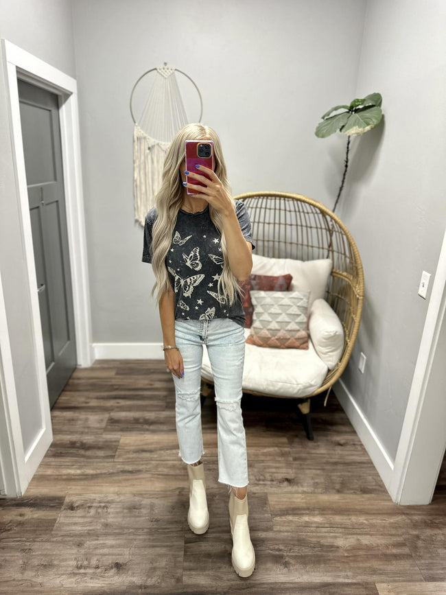 BLACK WASHED BUTTERFLY TEE TOP