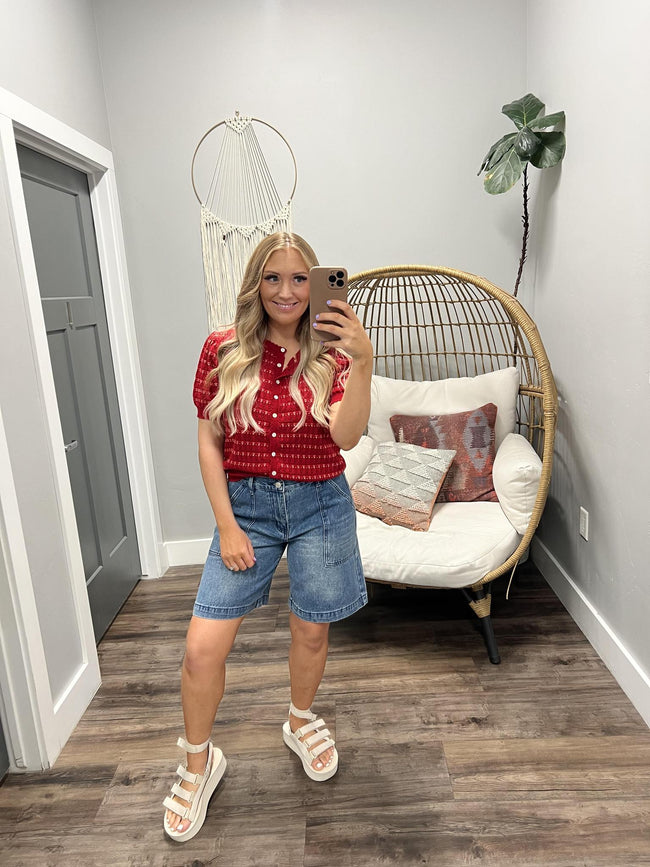 TIA RED FLORAL BUTTON UP CARDIGAN TOP