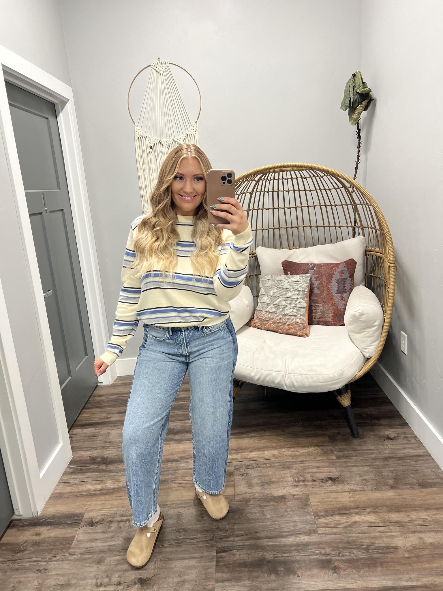 BRENNA IVORY AND BLUE STRIPE LONG SLEEVE SWEATER TOP